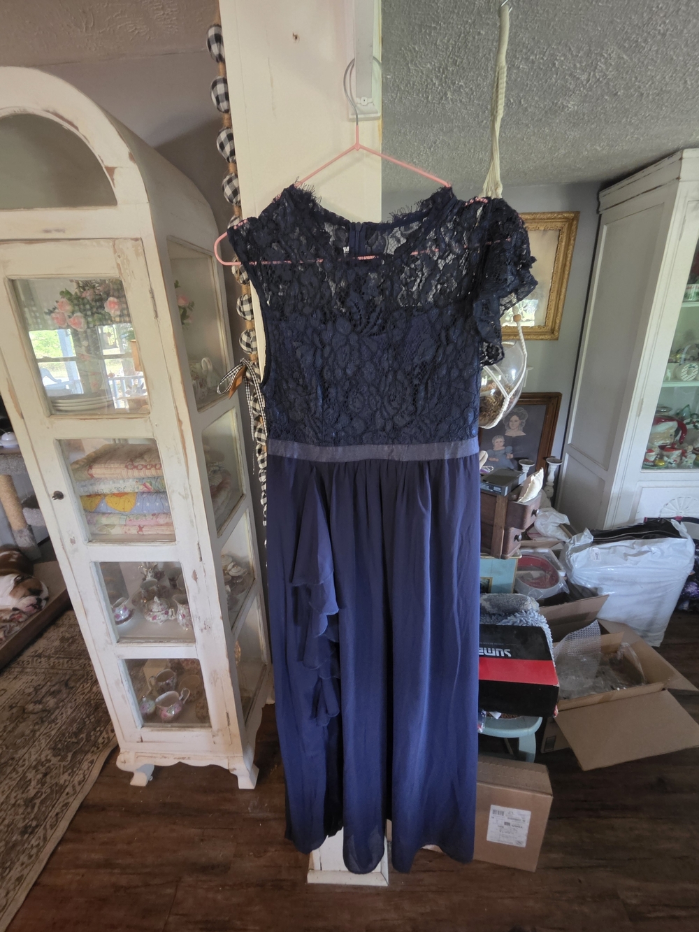 Classic Navy Lace Maxi Dress with Chiffon Skirt